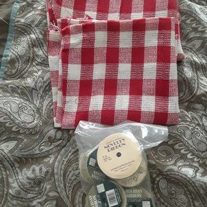 Vintage Red and White Check Calico Material and Assorted Ribbons